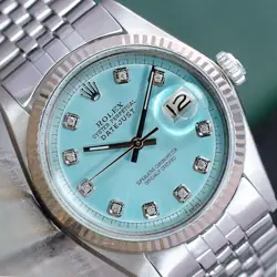 ROLEX MENS DATEJUST 1601 18KW GOLD STEEL ICE BLUE DIAL 36MM WATCH ORIGINAL BAND