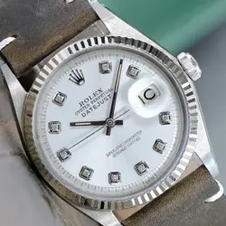 ROLEX DATEJUST MENS WATCH GOLD & SS SILVER DIAMOND DIAL LEATHER BAND 36MM 1601