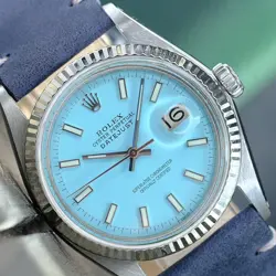 ROLEX DATEJUST WHITE GOLD & STEEL MENS WATCH 36MM BLUE INDEX DIAL LEATHER BAND