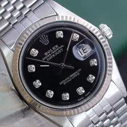 ROLEX DATEJUST MENS STAINLESS STEEL BLACK DIAMOND DIAL FLUTED JUBILEE BAND WATCH