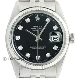 MENS ROLEX DATEJUST 18K WHITE GOLD & STAINLESS STEEL BLACK DIAMOND WATCH