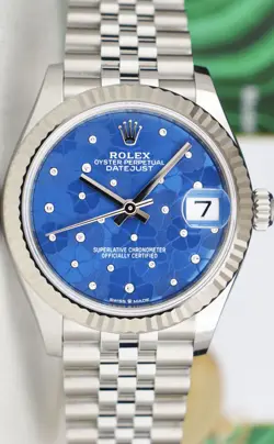 ROLEX 31mm 18kt White Gold & SS Datejust Blue Floral Diamond 278274 SANT BLANC