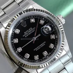 ROLEX MENS DATEJUST STAINLESS STEEL WATCH BLACK DIAMOND DIAL OYSTER BAND 1601