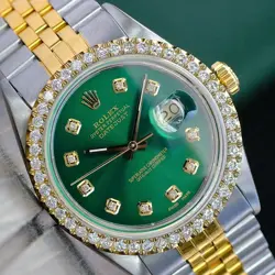ROLEX MENS DATEJUST GOLD STEEL GREEN DIAL DIAMOND BEZEL JUBILEE 36MM WATCH 1601