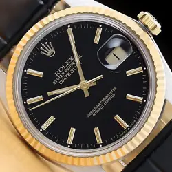 ROLEX MENS DATEJUST 16013 BLACK DIAL 18K GOLD STEEL WATCH W/ BLACK LEATHER BAND