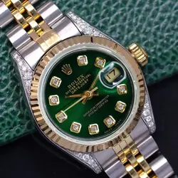 ROLEX LADIES DATEJUST WATCH GOLD STEEL GREEN DIAMOND DIAL FLUTED BEZEL 69173