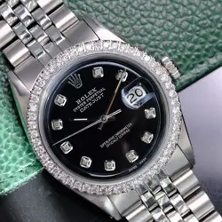 ROLEX MENS DATEJUST GOLD STEEL BLACK DIAL DIAMOND BEZEL 36MM WATCH 1601 1.80CTW