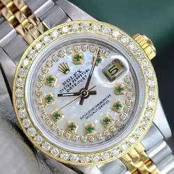 ROLEX WATCH LADIES DATEJUST 18K GOLD STEEL WHITE DIAL DIAMOND BEZEL 26MM 69173