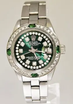 ROLEX LADY DATEJUST OYSTER STAINLESS STEEL DIAMOND DIAL EMERALD BEZEL WATCH