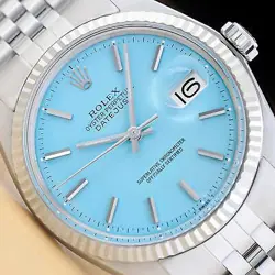 ROLEX MENS DATEJUST AQUA BLUE DIAL 18K WHITE GOLD STEEL JUBILEE WATCH