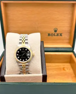 ROLEX DATEJUST LADIES 69173 BLACK DIAMOND DIAL 18K YELLOW GOLD STAINLESS STEEL