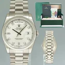 2004 PAPERS MINT ROLEX PRESIDENT DAY DATE SILVER DIAMOND 118239 WHITE GOLD WATCH