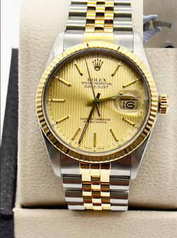 ROLEX DATEJUST 16013 36MM CHAMPAGNE TAPESTRY DIAL 18K GOLD STAINLESS STEEL