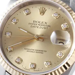 ROLEX DATEJUST 10P DIAMOND 16233G CHAMPAGNE GOLD W NUMBER SECOND HAND MENS