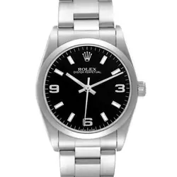 ROLEX OYSTER PERPETUAL MIDSIZE BLACK DIAL STEEL LADIES WATCH 77080 BOX PAPERS