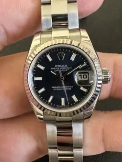 ROLEX DATEJUST LADIES 179174 BLUE STICK DIAL STAINLESS STEEL 18K GOLD BEZEL!