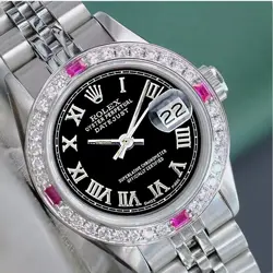 ROLEX LADY DATEJUST WATCH STAINLESS STEEL BLACK ROMAN DIAL DIAMOND-RUBY BEZEL