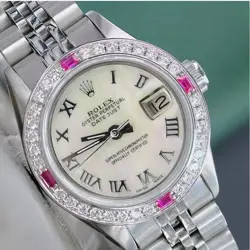 ROLEX LADY DATEJUST WATCH STAINLESS STEEL WHITE ROMAN DIAL DIAMOND-RUBY BEZEL