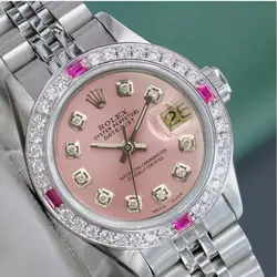 ROLEX LADY DATEJUST WATCH STAINLESS STEEL PINK DIAL DIAMOND-RUBY BEZEL JUBILEE