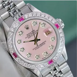 ROLEX LADY DATEJUST WATCH STAINLESS STEEL PINK MOP DIAL DIAMOND RUBY BEZEL 26MM