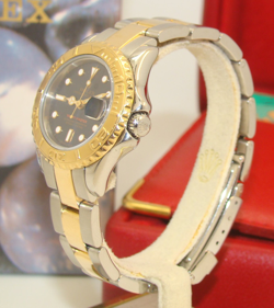ROLEX 29mm LADY YACHTMASTER 18K GOLD & SS 69623 BLUE DIAL AUTOMATIC WATCH 1997