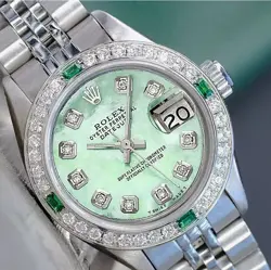 ROLEX LADY DATEJUST WATCH STAINLESS STEEL GREEN DIAMOND DIAL & BEZEL W/ EMERALD