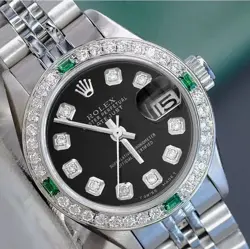 ROLEX LADY DATEJUST WATCH STAINLESS STEEL BLACK DIAMOND DIAL & BEZEL W/ EMERALD