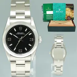 MINT ROLEX OYSTER PERPETUAL 31MM STEEL BLACK DIAL AUTOMATIC WATCH 77080 BOX