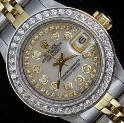 ROLEX LADIES DATE OYSTER STAINLESS GOLD DIAMOND DIAL BEZEL WATCH PEARL