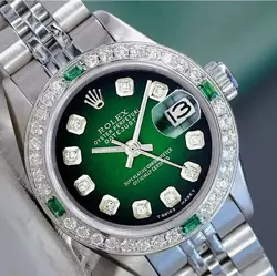 ROLEX LADY DATEJUST WATCH STEEL GREEN VIGNETTE DIAMOND DIAL & BEZEL W/ EMERALD