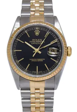 ROLEX DATEJUST 18K YELLOW GOLD/STEEL BLACK DIAL MENS 36MM WATCH K 16233