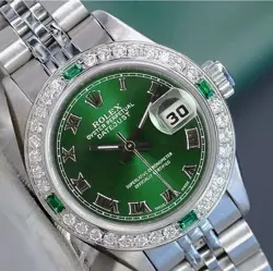 ROLEX LADY DATEJUST WATCH STAINLESS STEEL GREEN ROMAN DIAL DIAMOND EMERALD BEZEL