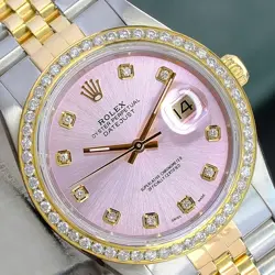 ROLEX MENS DATEJUST 18KY GOLD  STEEL PINK DIAL DIAMOND BEZEL 36MM WATCH 16233
