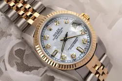 LADIES ROLEX DATEJUST 31 MM WHITE MOTHER OF PEARL DIAMOND DIAL GOLD & STEEL