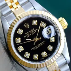 ~ROLEX DATEJUST WATCH 69173 18KY GOLD & STEEL BLACK DIAMOND DIAL JUBILEE 26MM