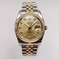 ROLEX DATEJUST 36MM 18K YELLOW GOLD STEEL CHAMPAGNE DIAMOND DIAL WATCH 116233