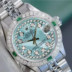 ROLEX LADY DATEJUST WATCH STEEL ICE BLUE DIAMOND DIAL & BEZEL W/ EMERALD