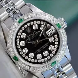 ROLEX LADY DATEJUST WATCH STEEL BLACK DIAMOND DIAL & BEZEL W/ EMERALD