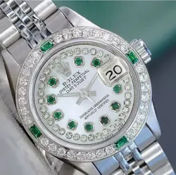 ROLEX LADY DATEJUST WATCH STEEL WHITE MOP DIAMOND DIAL & BEZEL W/ EMERALD