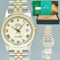 1989 ROLEX DATEJUST 36MM IVORY ROMAN 16233 TWO TONE STEEL JUBILEE WATCH BOX
