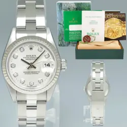 PAPERS LADIES ROLEX DATEJUST 26MM SILVER DIAMOND WHITE GOLD FLUTED STEEL OYSTER