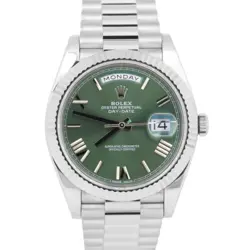 MINT ROLEX DAY-DATE PRESIDENT 40MM OLIVE GREEN ROMAN 18K WHITE GOLD 228239 BOX