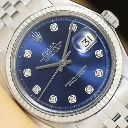 ROLEX MENS DATEJUST BLUE DIAMOND DIAL 18K WHITE GOLD STEEL WATCH W/ FOLDED BAND