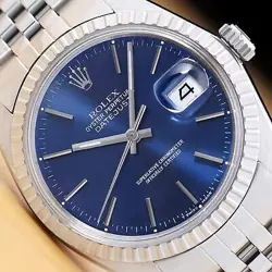 ROLEX MENS DATEJUST 16030 BLUE DIAL ENGINE TURNED BEZEL STAINLESS STEEL WATCH