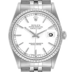 ROLEX DATEJUST WHITE DIAL ENGINE TURNED BEZEL STEEL MENS WATCH 16220 BOX PAPERS
