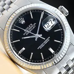 ROLEX MENS DATEJUST BLACK DIAL 18K WHITE GOLD BEZEL * STAINLESS STEEL WATCH