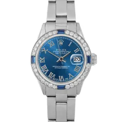 ROLEX LADIES DATEJUST BLUE ROMAN DIAL SAPPHIRE DIAMOND BEZEL OYSTER BAND WATCH