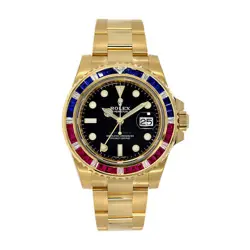 ROLEX GMT-MASTER II WATCH 40MM BLACK INDEX HOUR MARKERS DIAL YELLOW GOLD