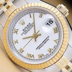 ROLEX LADIES DATEJUST 79173 WHITE ROMAN DIAL 18K GOLD STEEL TWO TONE WATCH