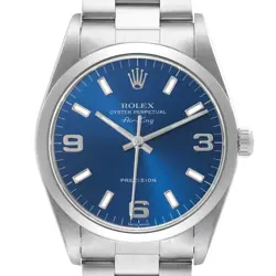 ROLEX AIR KING 34MM BLUE DIAL SMOOTH BEZEL STEEL MENS WATCH 14000 BOX PAPERS